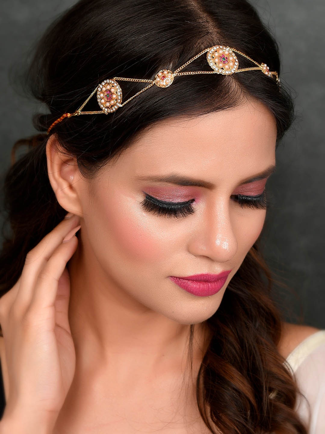 

Silvermerc Designs Gold-Plated Pink & White CZ-Studded & Pearl Beaded Enamelled Head Chain