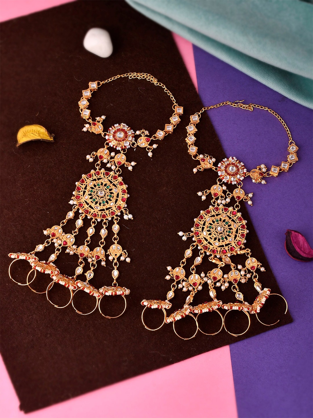 

Silvermerc Designs Women Gold-Plated Red Kundan Stone Studded Hathphool Bracelet