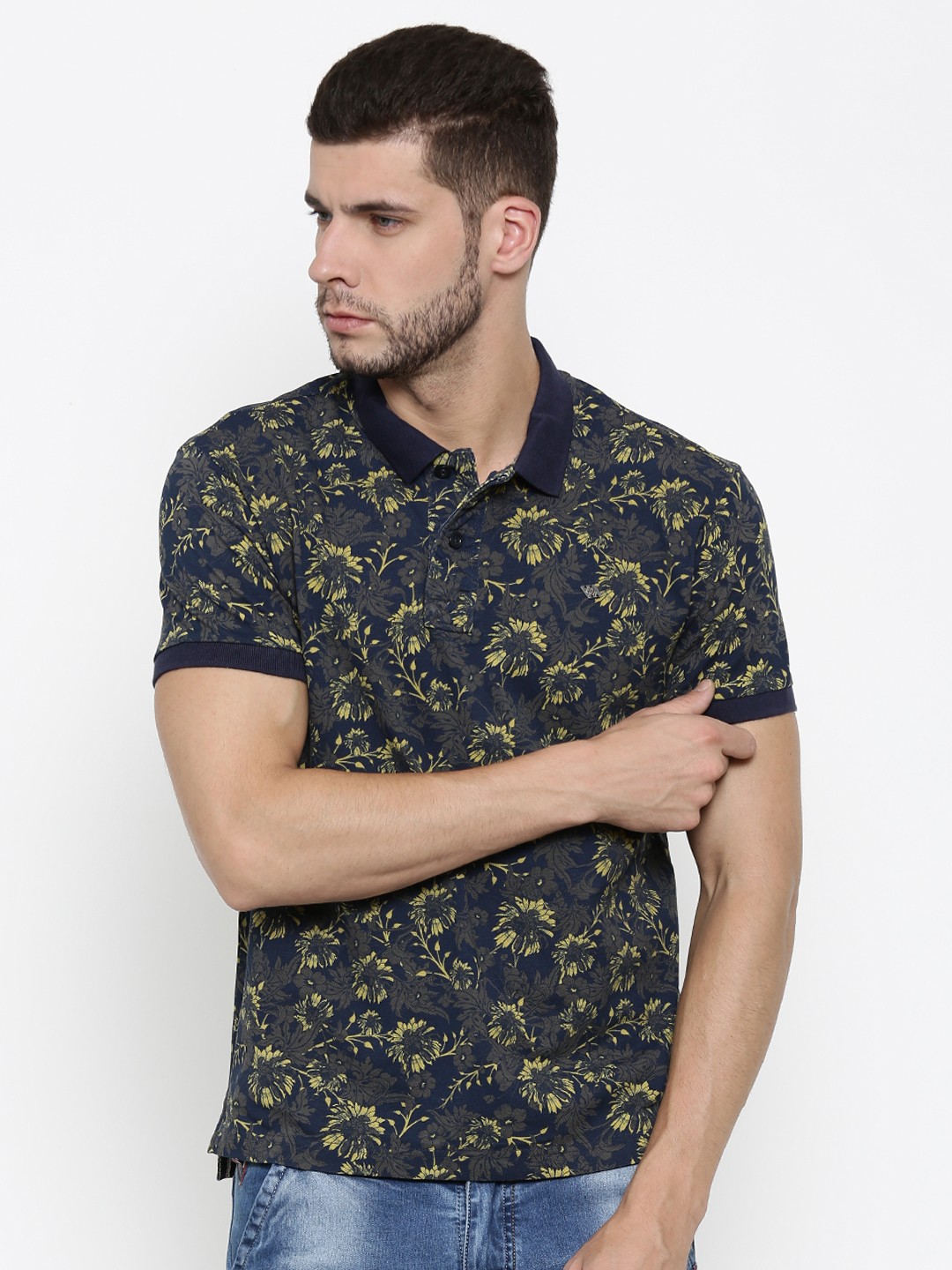 

Ed Hardy Men Navy Blue Printed Polo Collar T-shirt