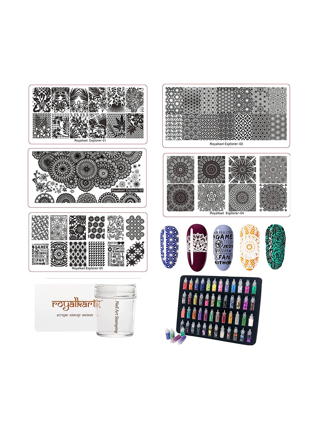 

royalkart Nail Art Stamping Kit DIY Manicure Glitter Kit, Multi