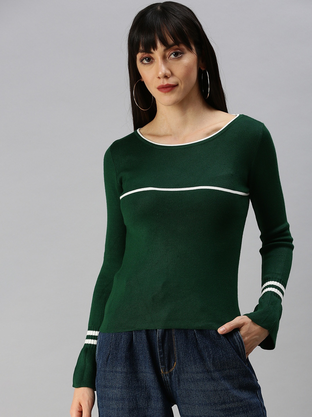 

SHOWOFF Green Bell Sleeves Acrylic Top with Stripe Detail