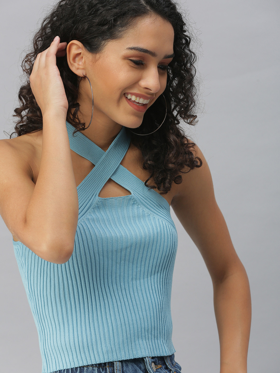 

SHOWOFF Blue Halter Neck Twisted Top