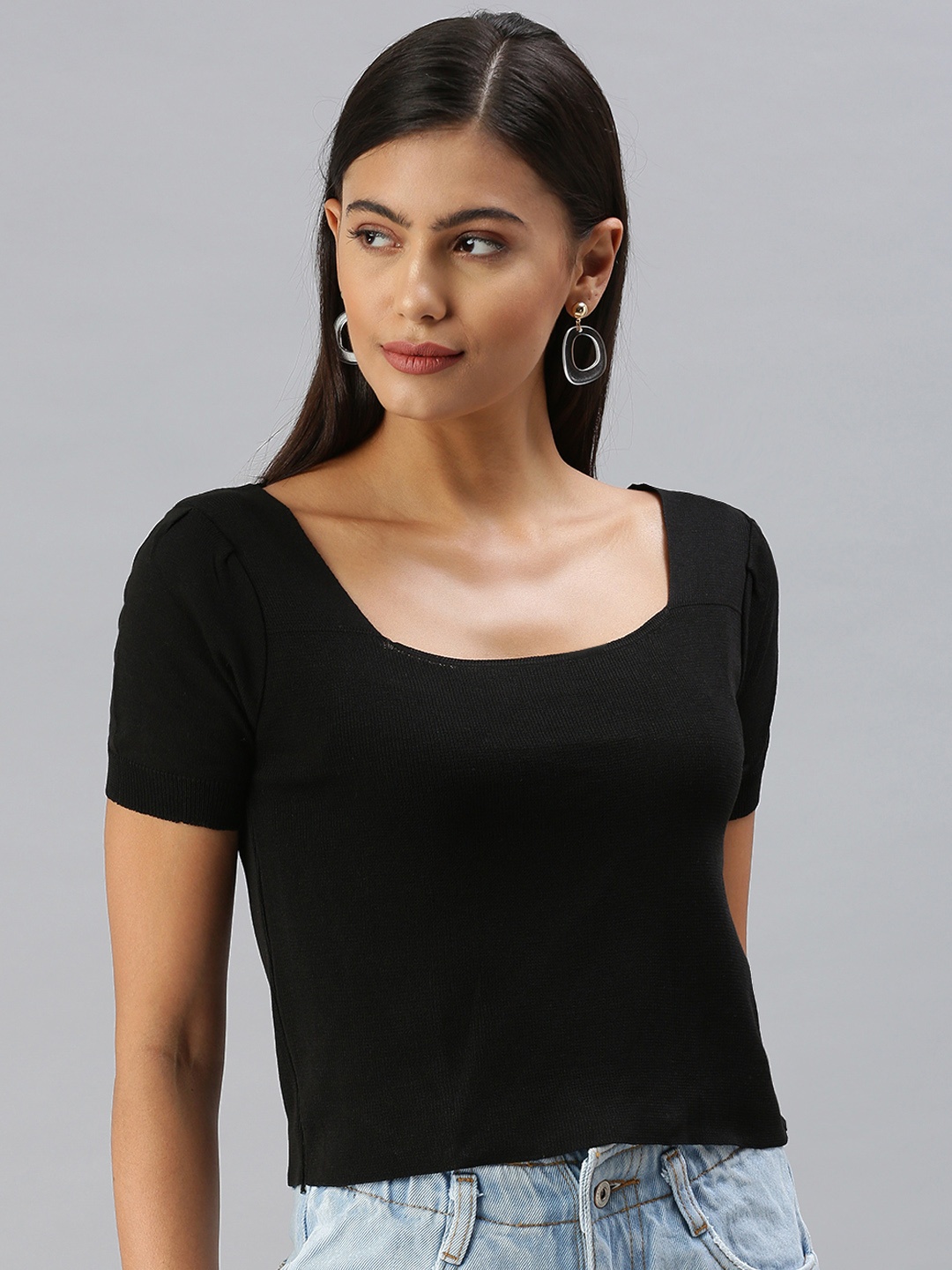 

SHOWOFF Women Black Solid Square Neck Acrylic Regular Top