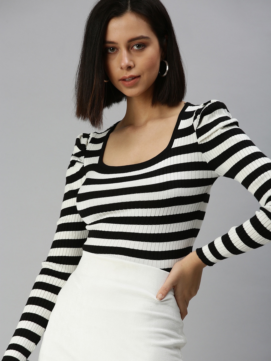 

SHOWOFF White Striped Monochrome Top