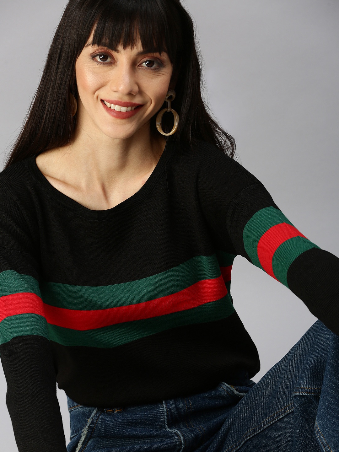 

SHOWOFF Black Striped Extended Sleeves Top