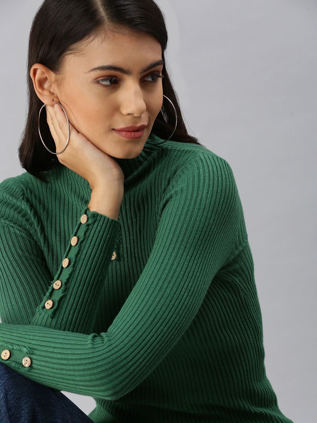 

SHOWOFF Green Striped Mandarin Collar Top