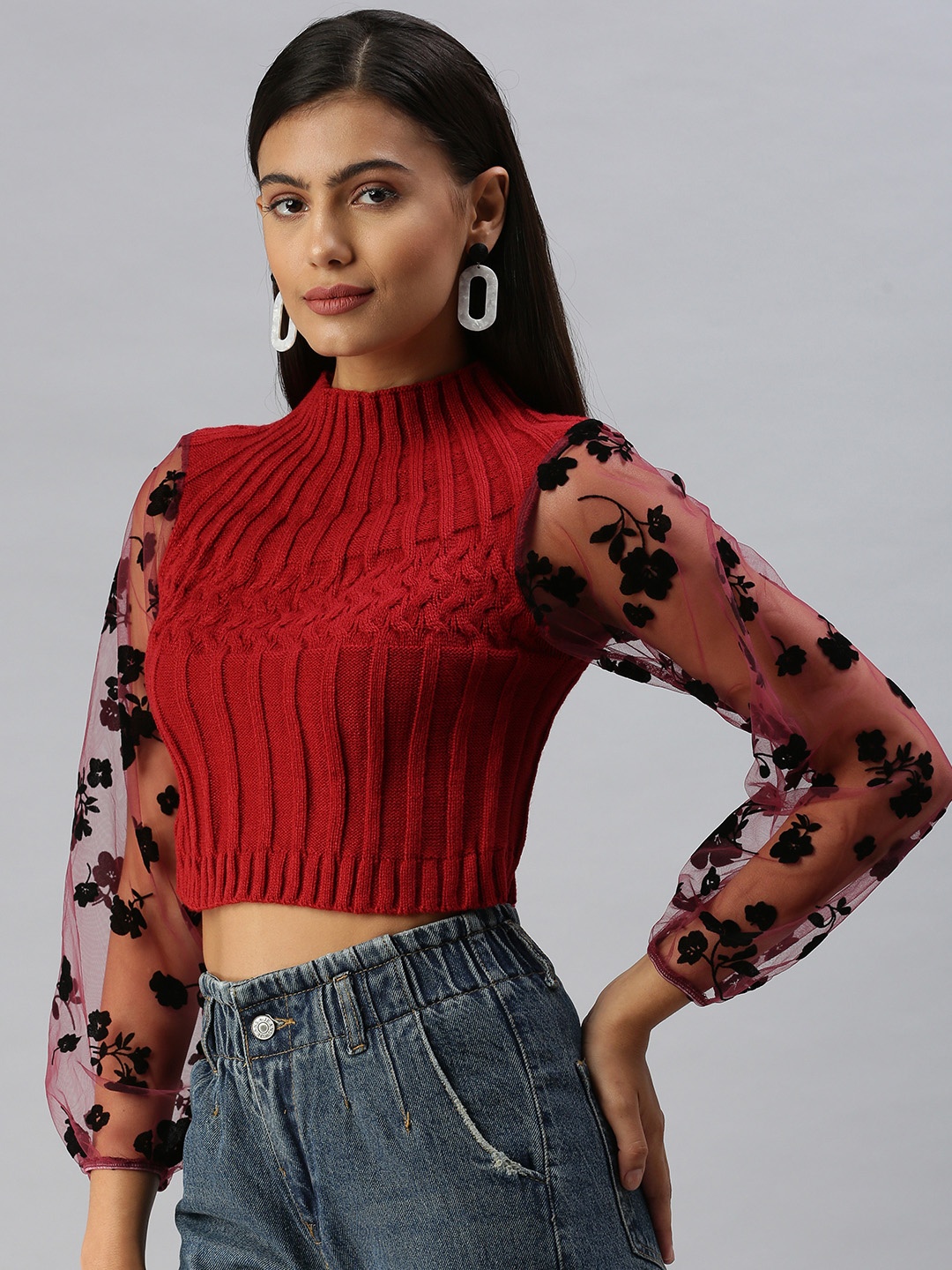 

SHOWOFF Red Self Design Puff Sleeves Crop Top