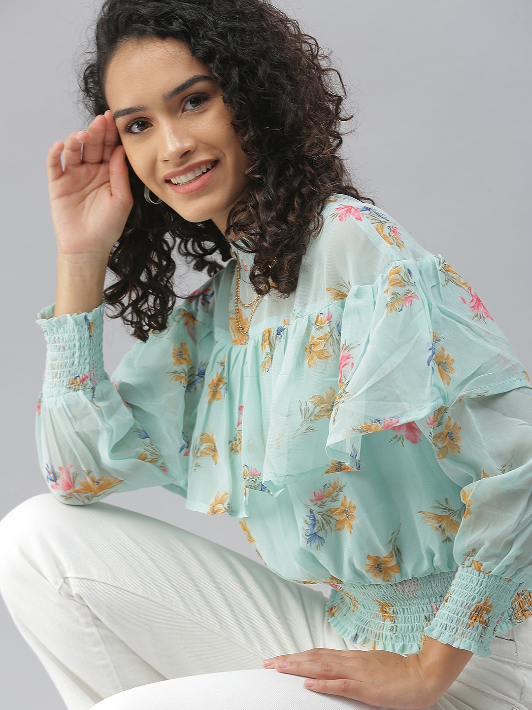 

SHOWOFF Sea Green Floral Print Tie-Up Neck Ruffles Georgette Top