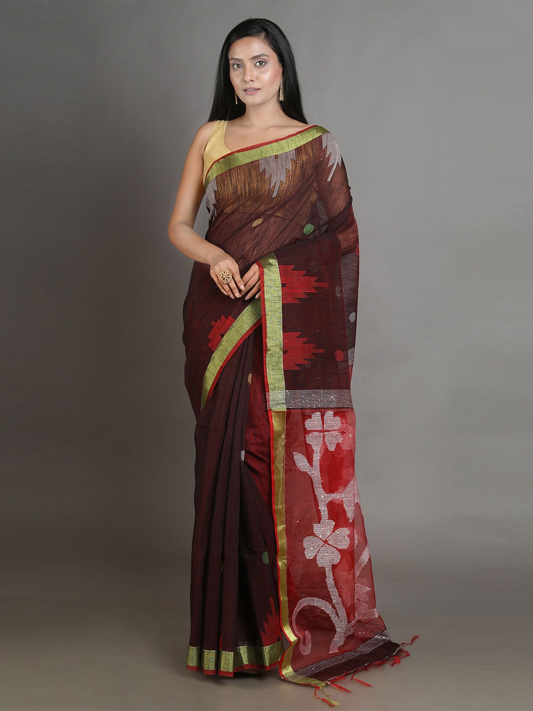 

Arhi Red & Brown Woven Design Zari Saree