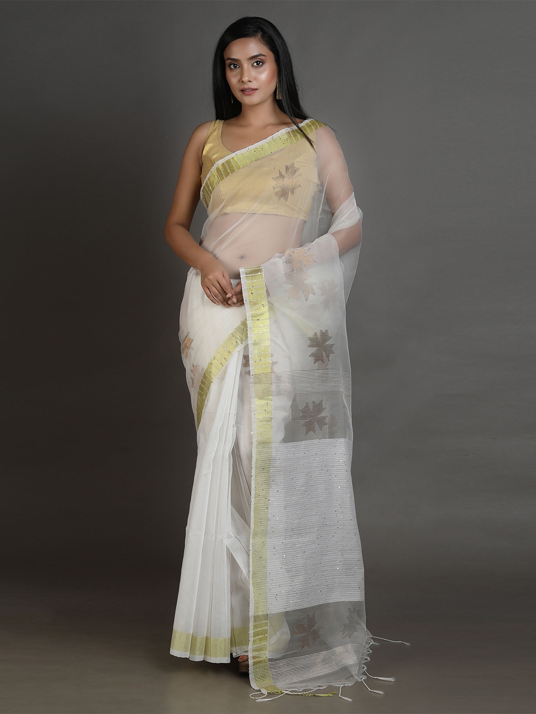 

Arhi White & Gold-Toned Woven Design Sequinned Pure Silk Saree