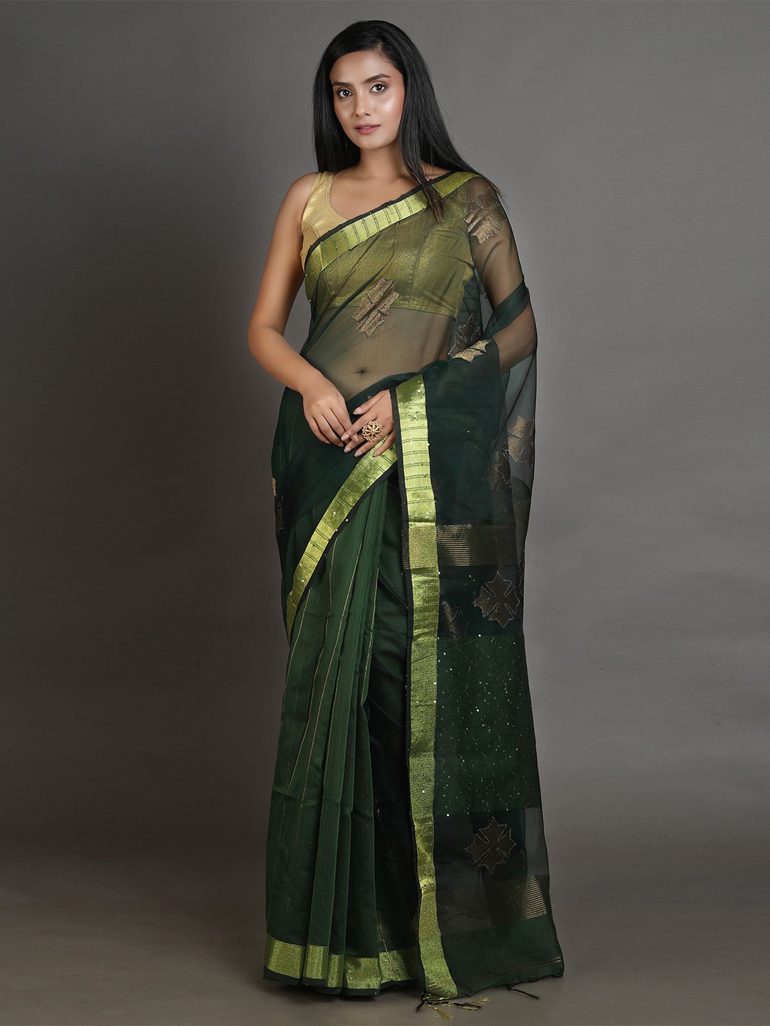 

Arhi Green & Gold-Toned Handwoven Pure Silk Saree
