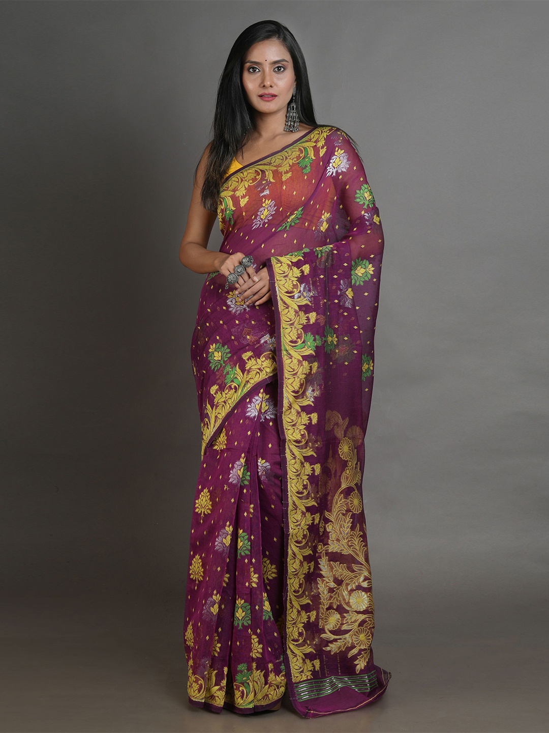 

Arhi Magenta & Gold-Toned Woven Design Silk Cotton Jamdani Saree