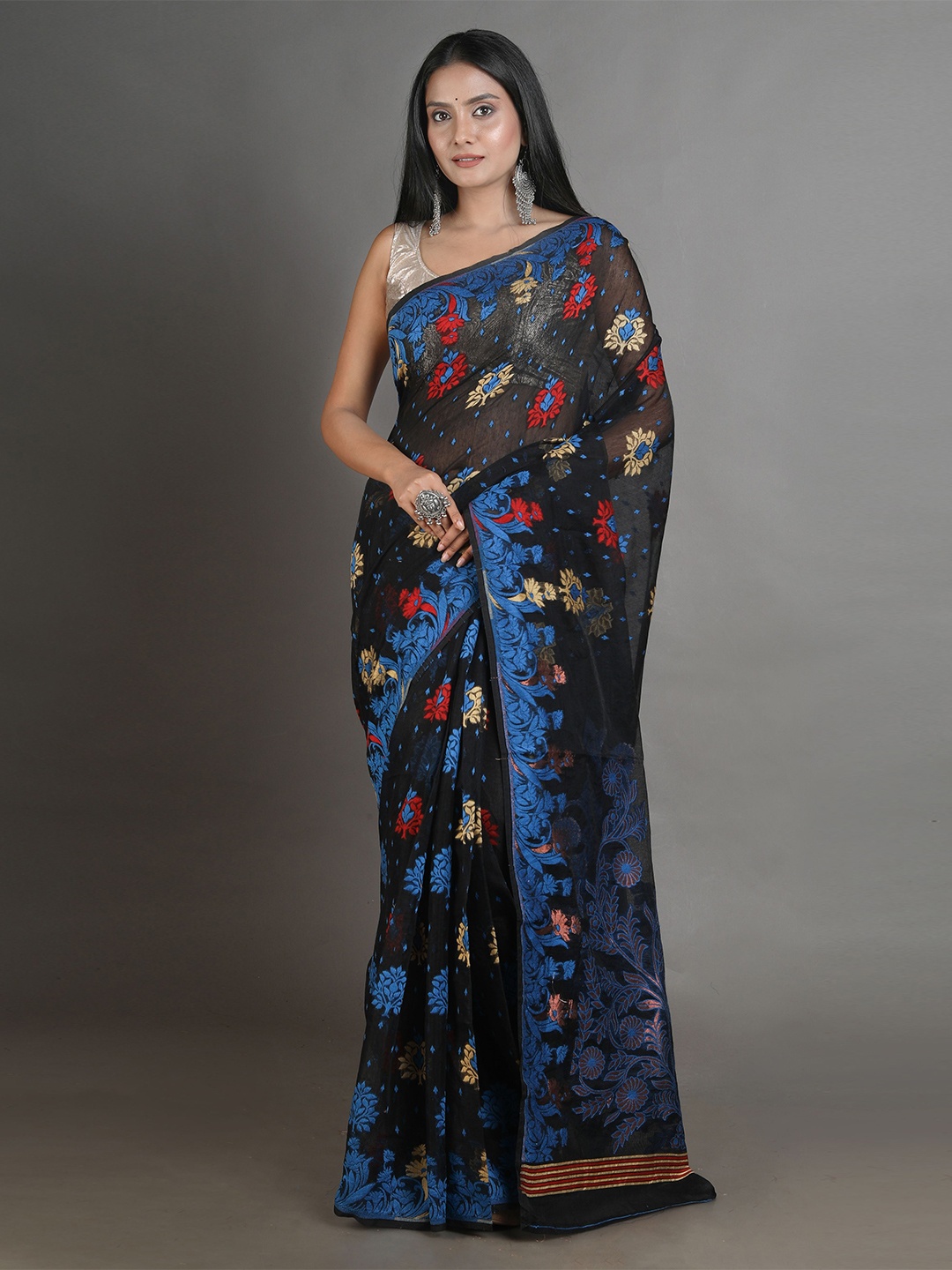 

Arhi Black & Blue Woven Design Silk Cotton Jamdani Saree