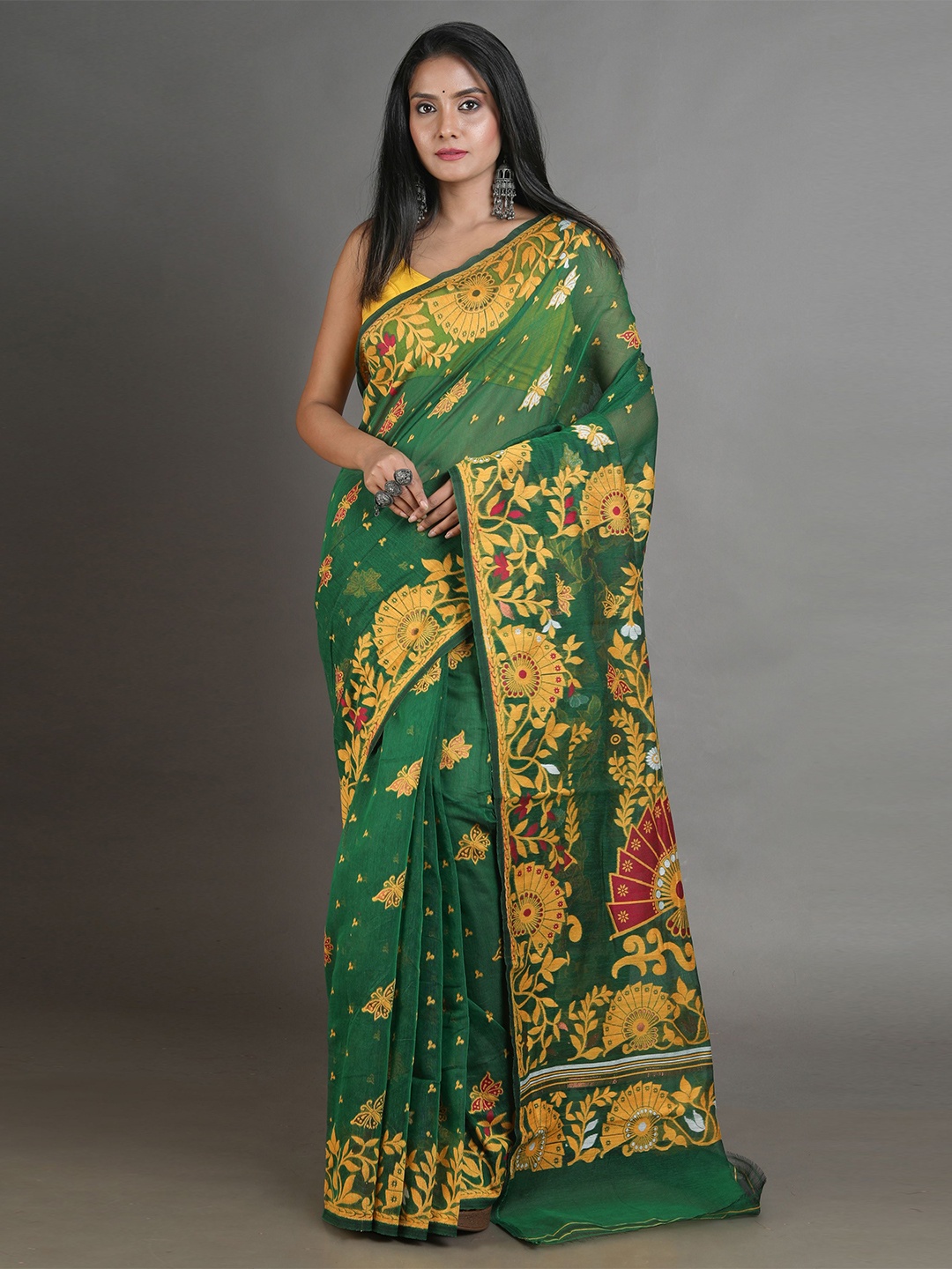 

Arhi Green & Mustard Woven Design Silk Cotton Jamdani Saree