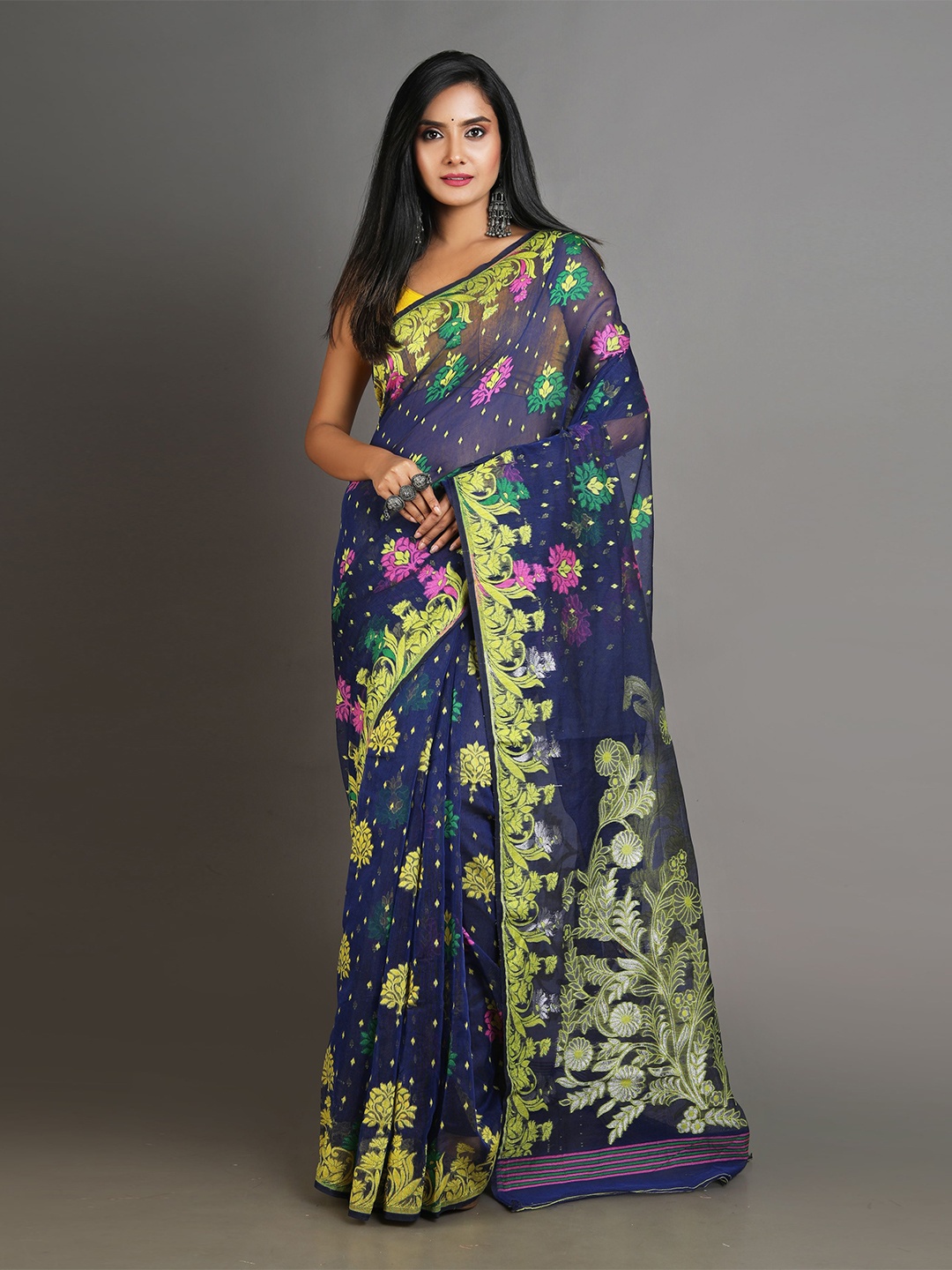 

Arhi Blue & Yellow Woven Design Silk Cotton Jamdani Saree