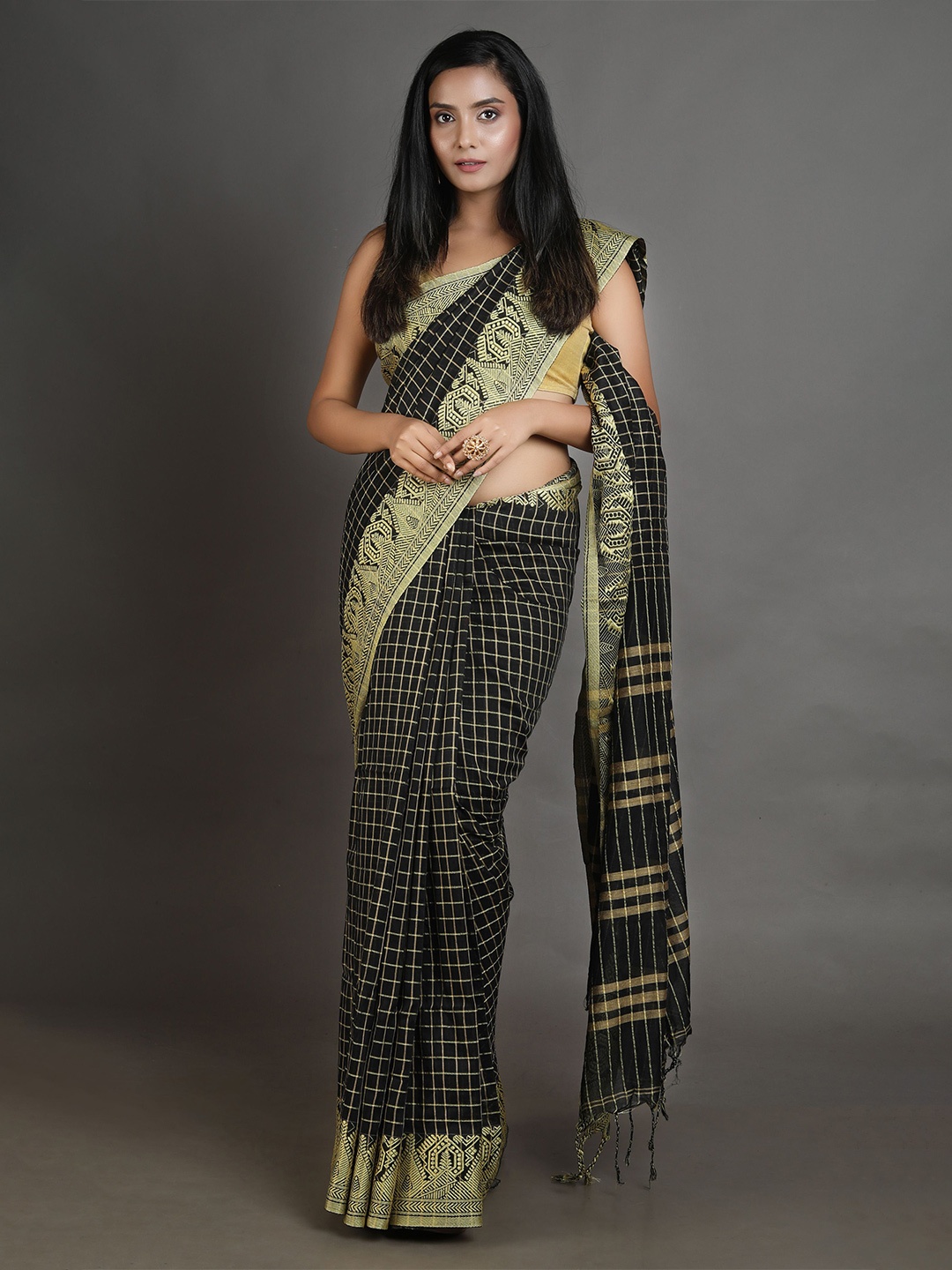 

Arhi Black & Golden Woven Design Zari Pure Cotton Saree