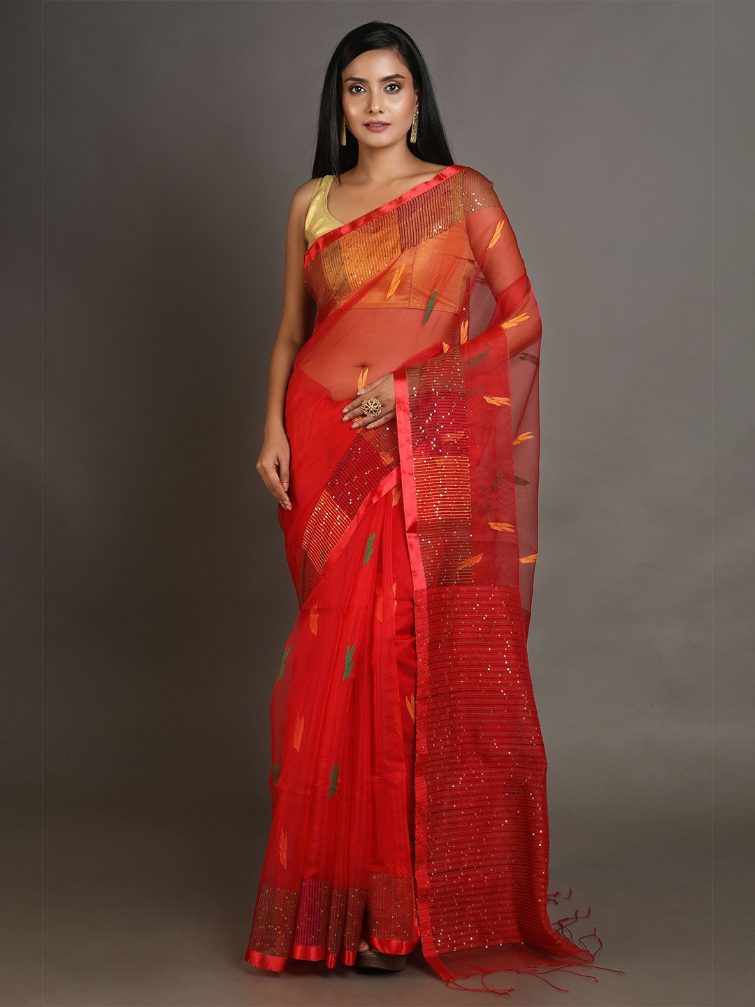 

Arhi Red & Yellow Woven Design Sequinned Handwoven Pure Silk Saree