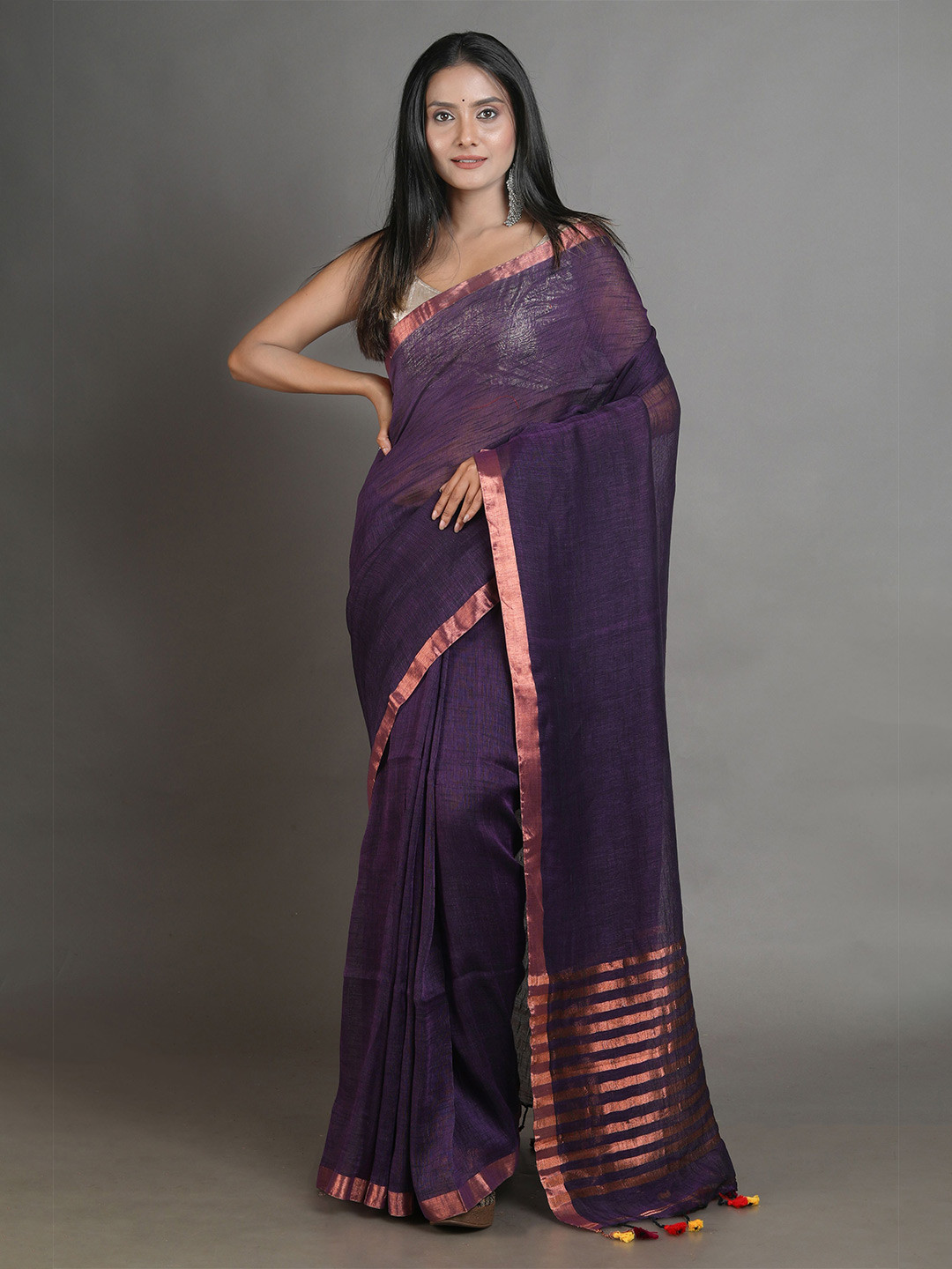 

Arhi Purple & Gold-Toned Woven Design Zari Pure Linen Saree