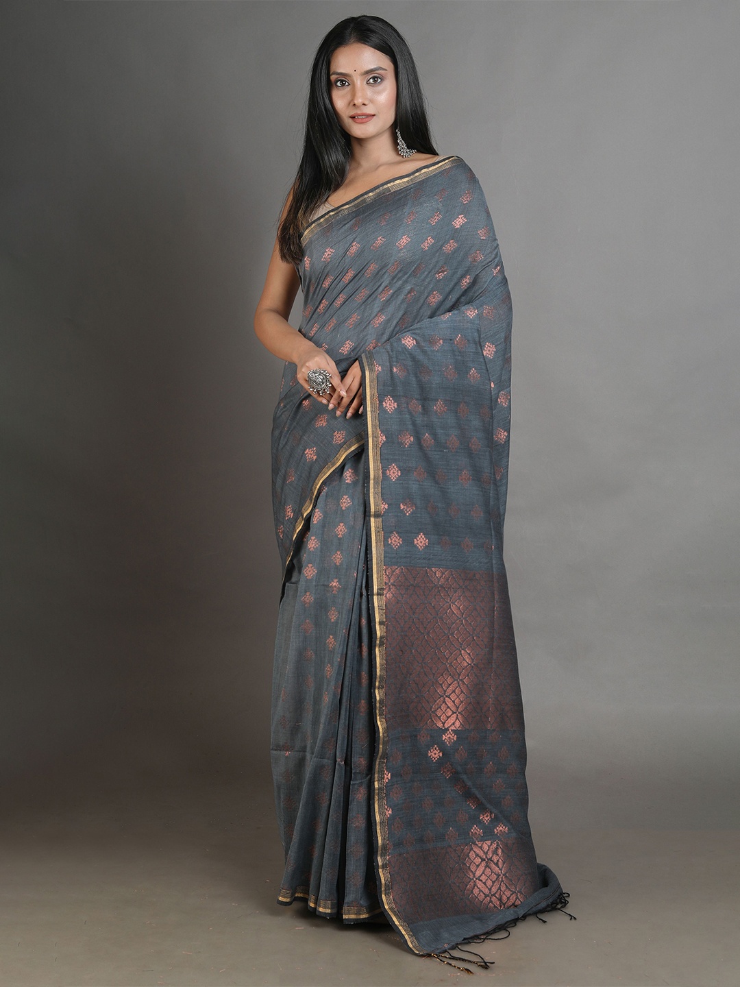 

Arhi Grey & Copper Woven Design Zari Pure Linen Saree