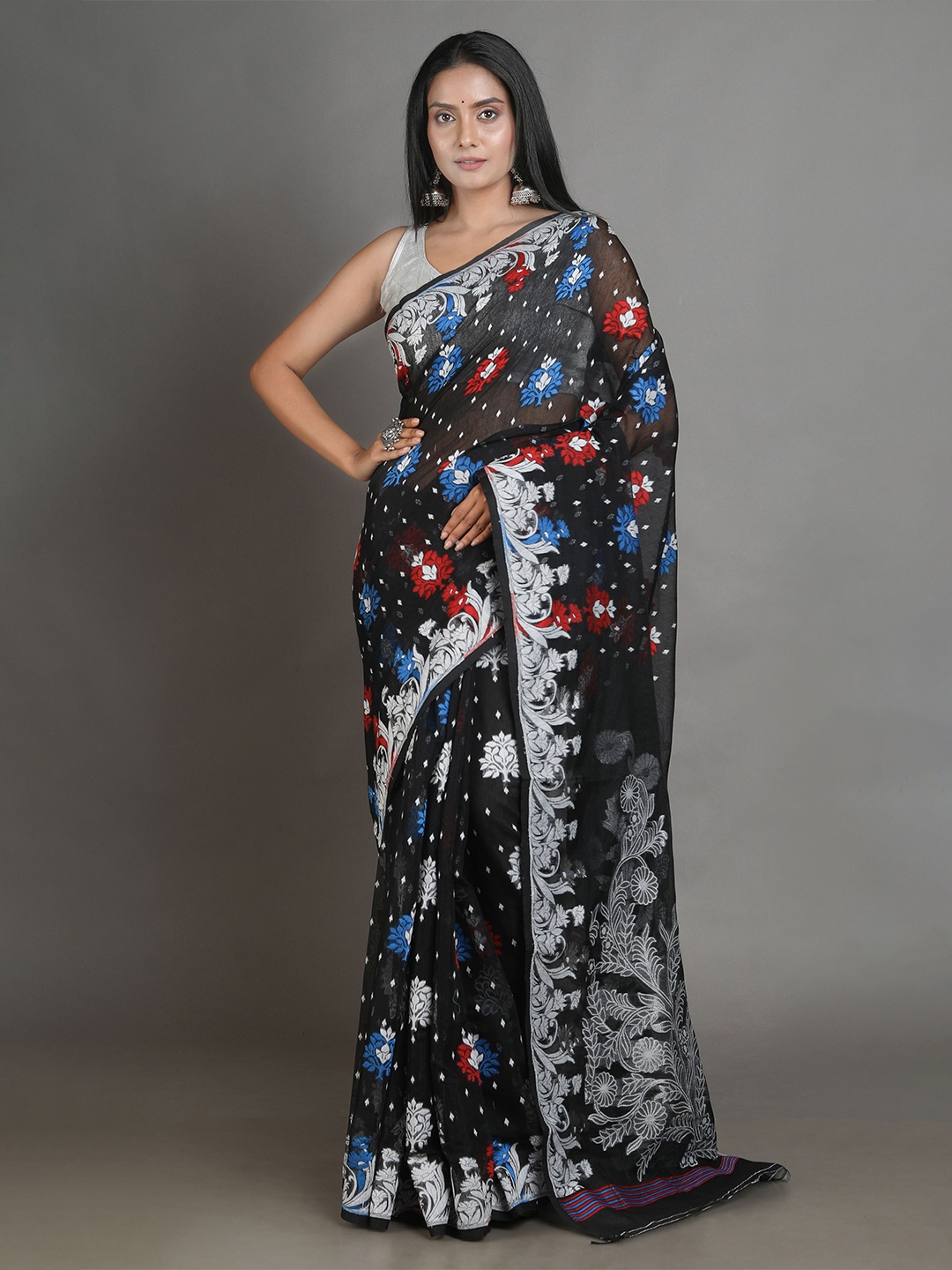 

Arhi Black & Red Woven Design Zari Silk Cotton Jamdani Saree