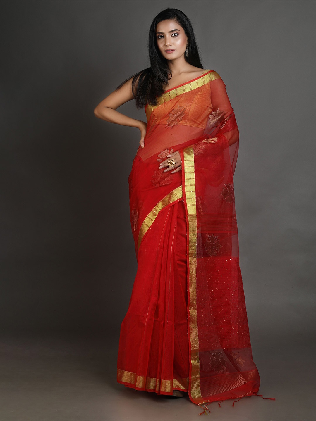 

Arhi Red & Gold-Toned Woven Design Zari Pure Silk Saree