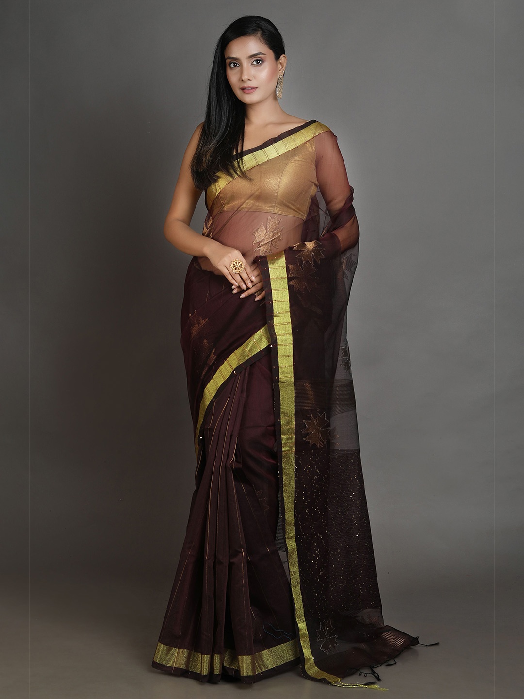 

Arhi Brown Floral Sequinned Handwoven Pure Silk Saree