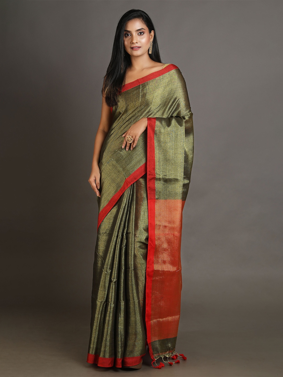 

Arhi Green & Orange Woven Design Tissue Saree