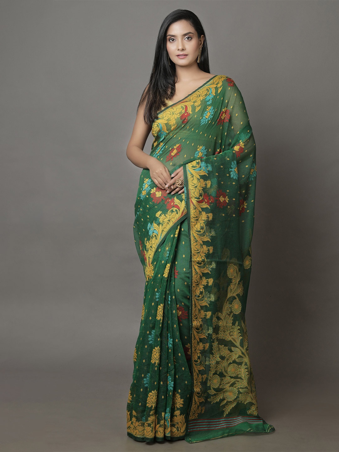 

Arhi Green & Yellow Woven Design Zari Silk Cotton Jamdani Saree