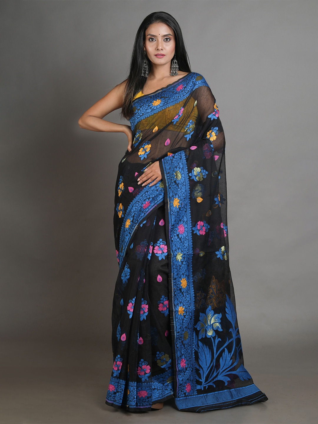 

Arhi Black & Blue Hand Woven Silk Cotton Jamdani Saree