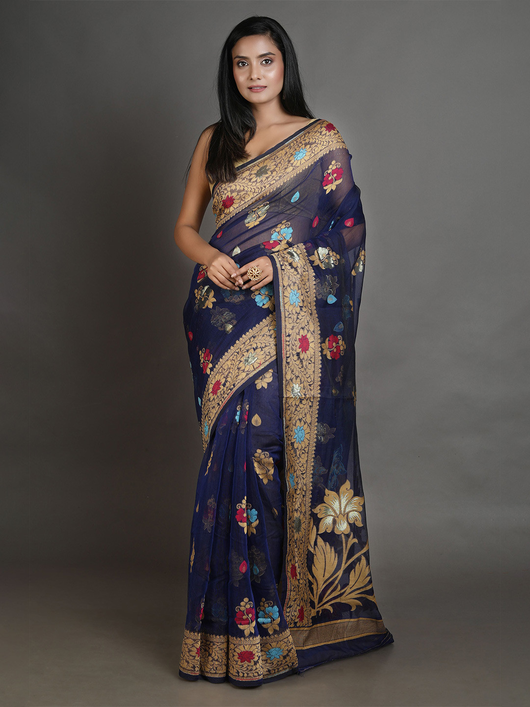 

Arhi Blue & Gold-Toned Ethnic Motifs Silk Cotton Saree
