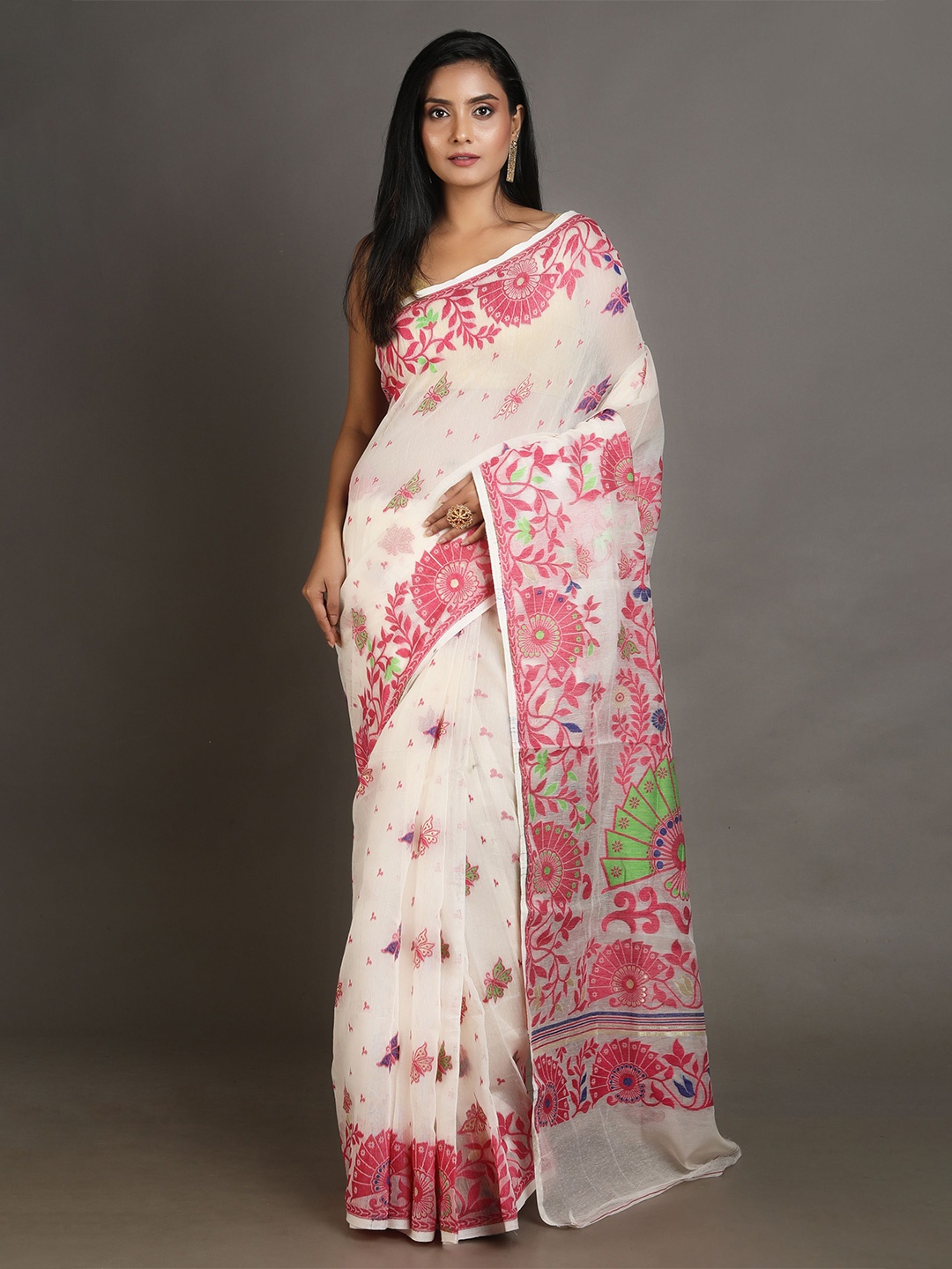 

Arhi White & Red Woven Design Silk Cotton Jamdani Saree