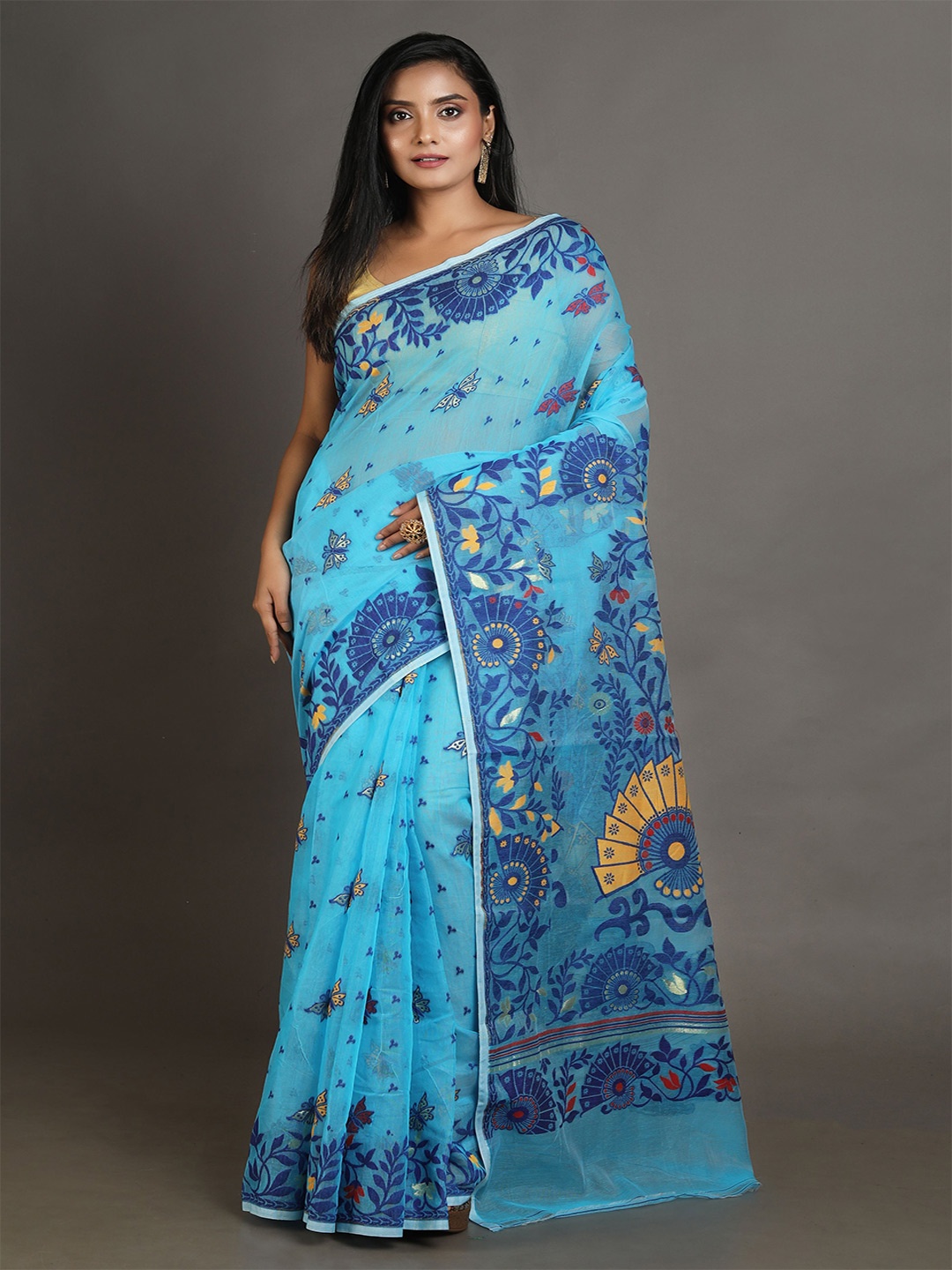 

Arhi Blue & Yellow Woven Design Zari Silk Cotton Jamdani Saree