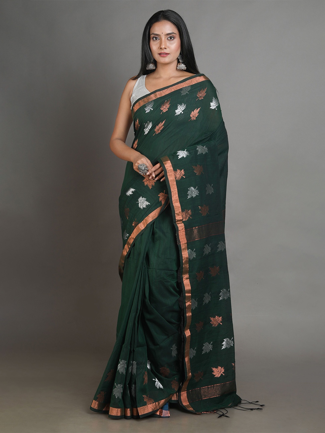 

Arhi Green & Copper-Toned Woven Design Zari Pure Linen Saree