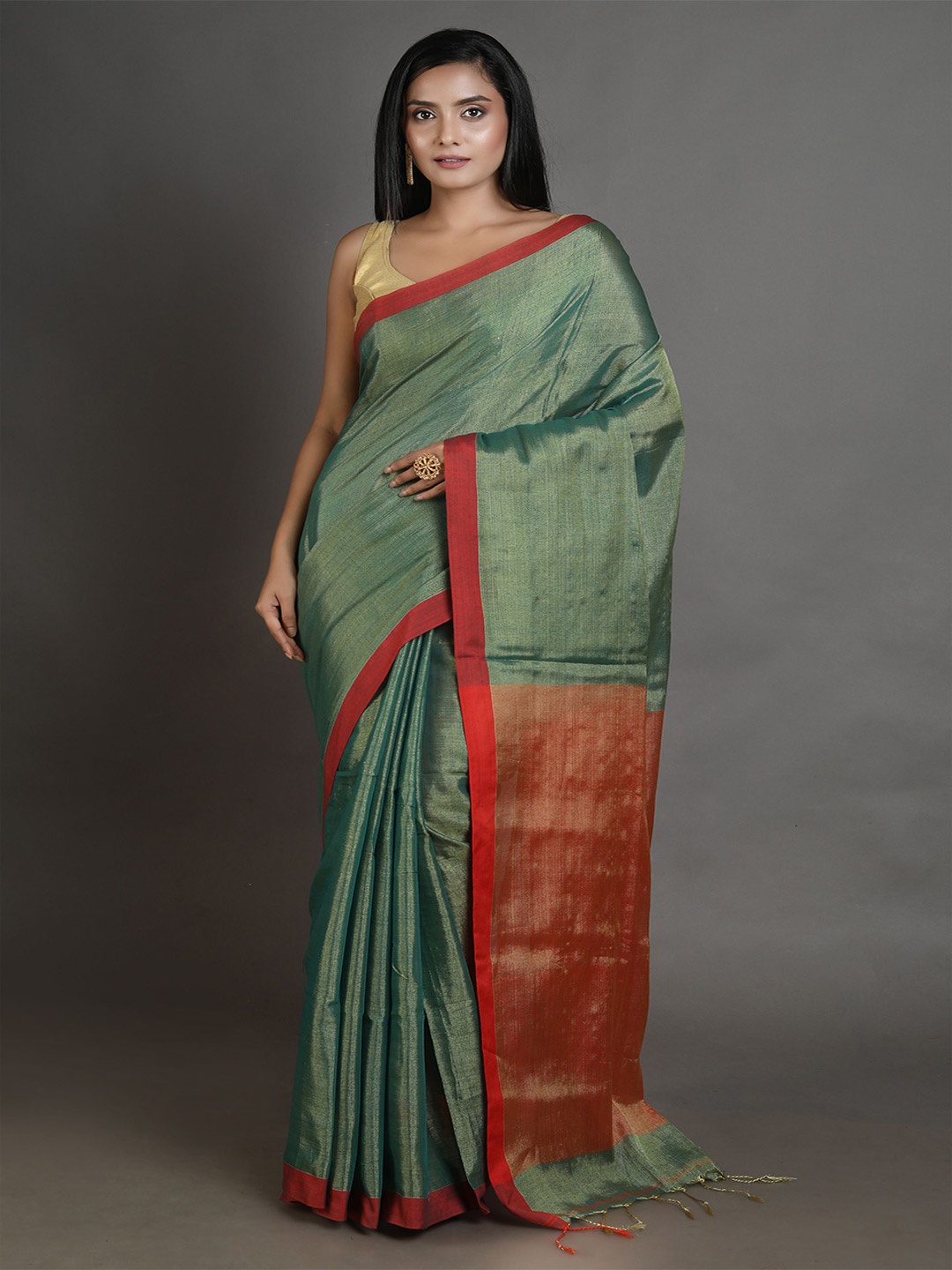 

Arhi Green & Red Woven Design Zari Tissue Saree