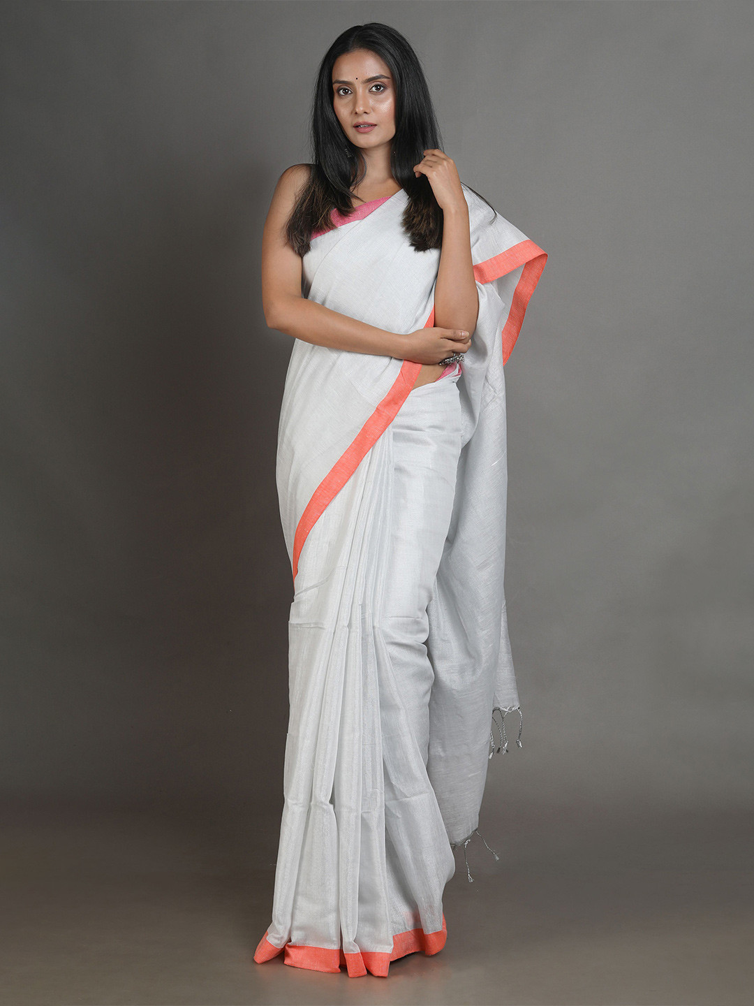 

Arhi White & Orange Woven Design Tissue Saree
