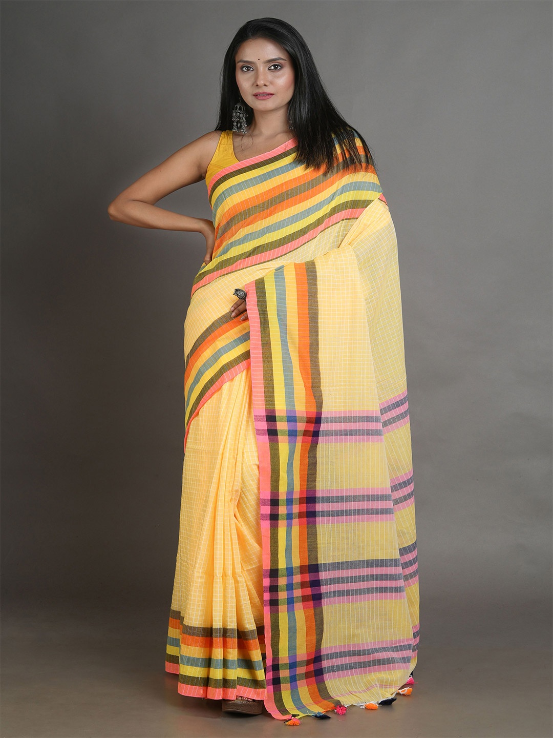 

Arhi Yellow & Pink Checked Handwoven Pure Cotton Saree