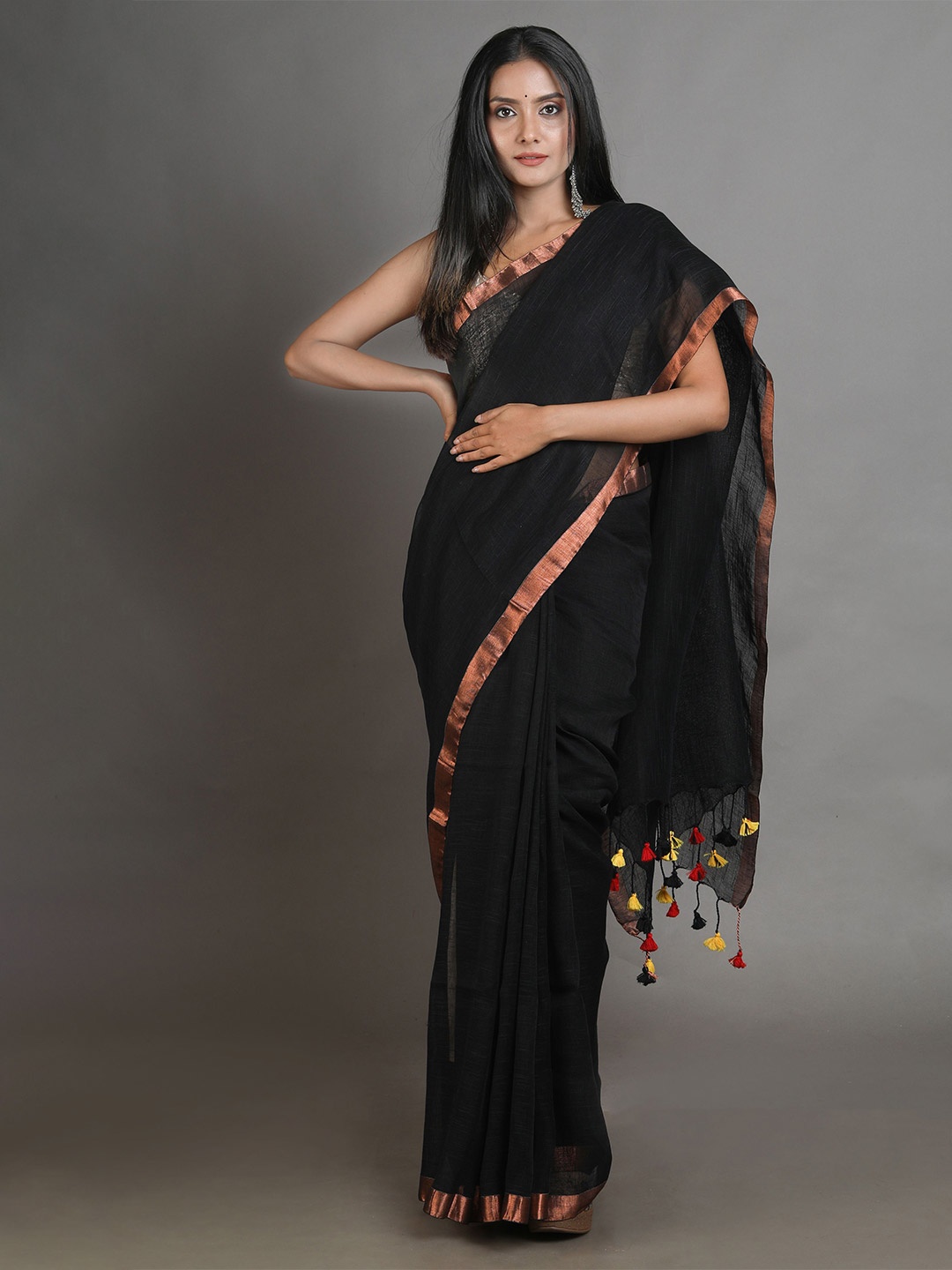 

Arhi Black & Copper-Toned Handwoven Pure Linen Saree