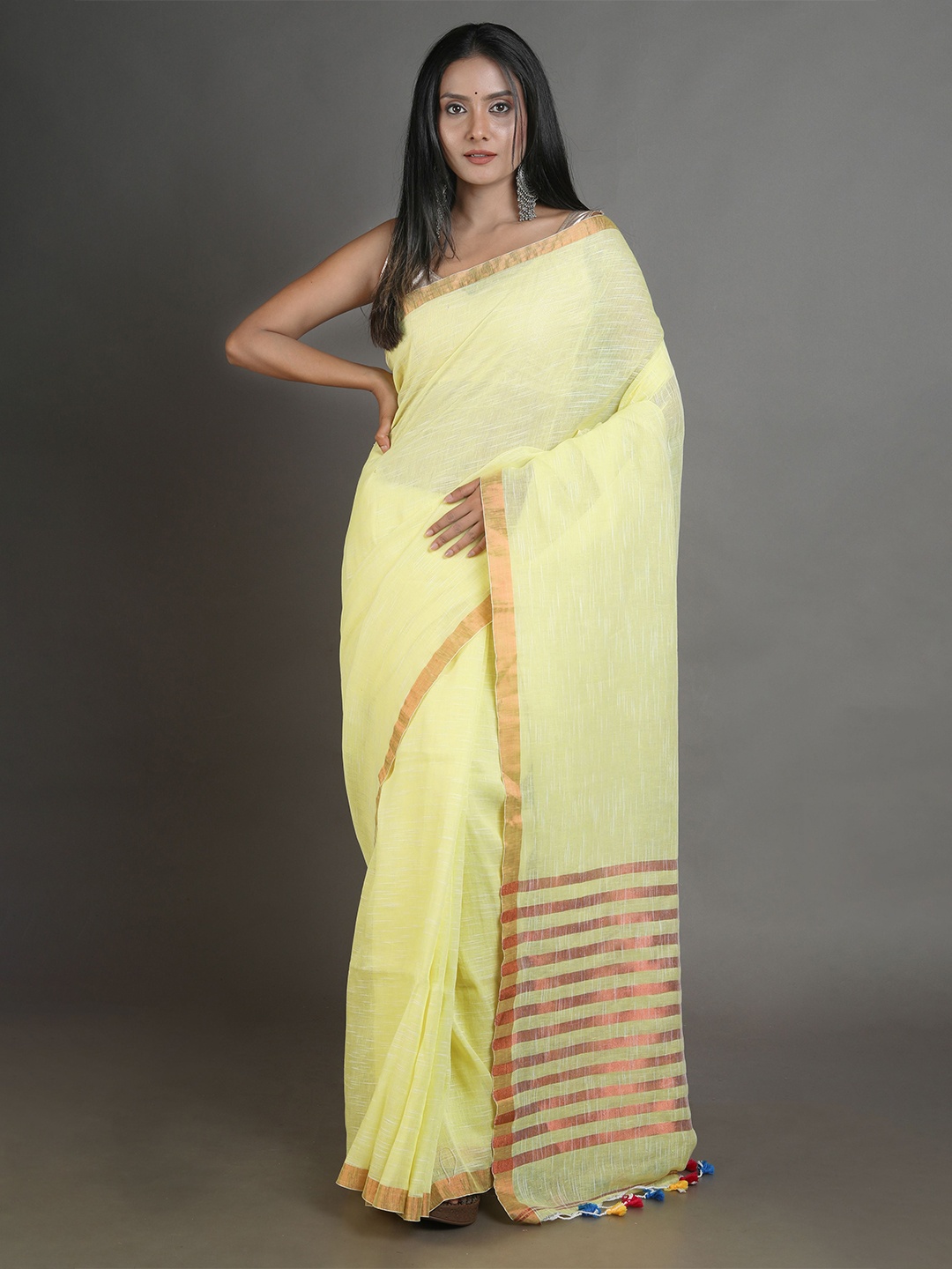 

Arhi Yellow & Gold-Toned Handwoven Pure Linen Saree