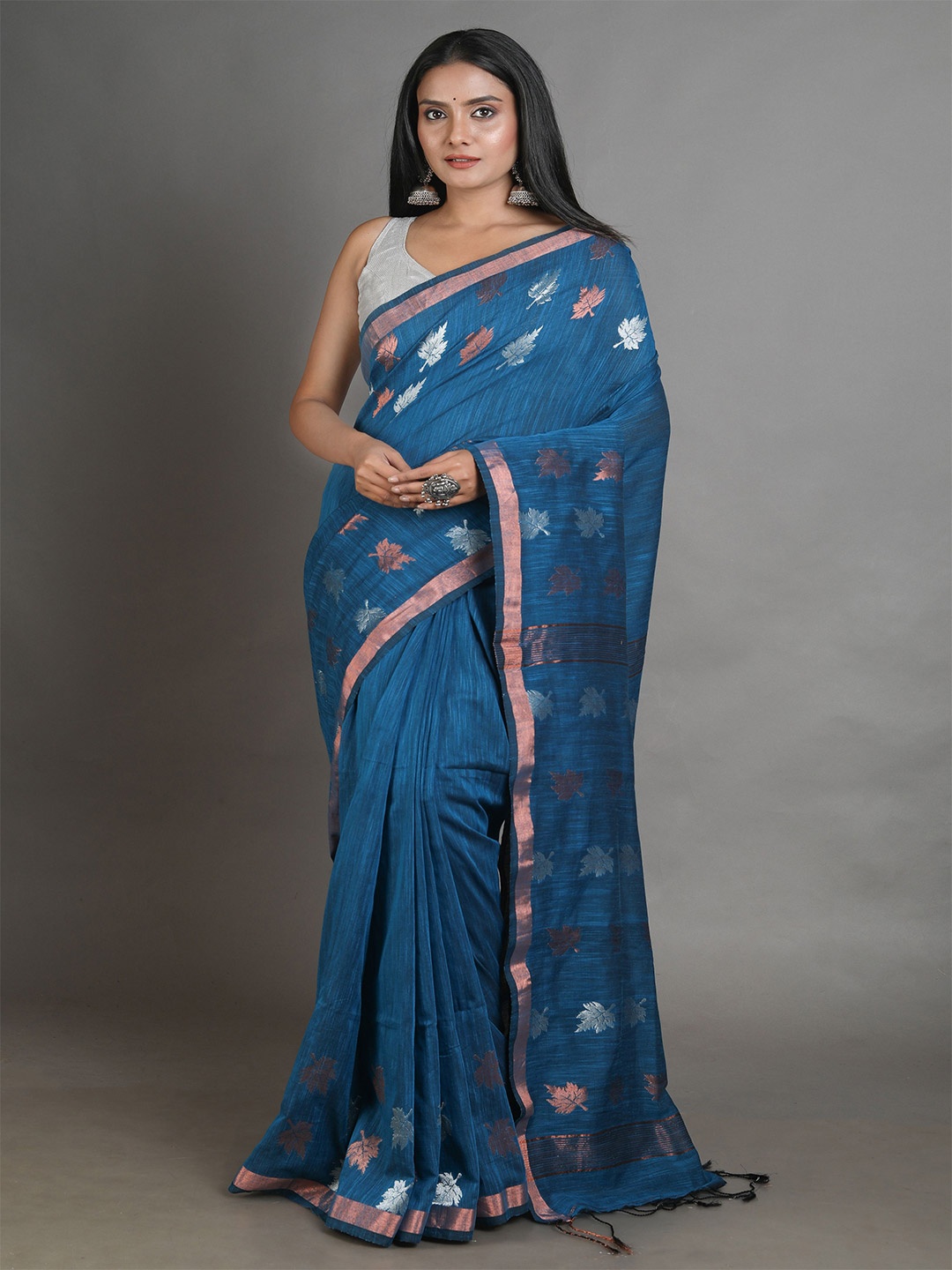 

Arhi Teal & Silver Woven Design Zari Pure Linen Saree