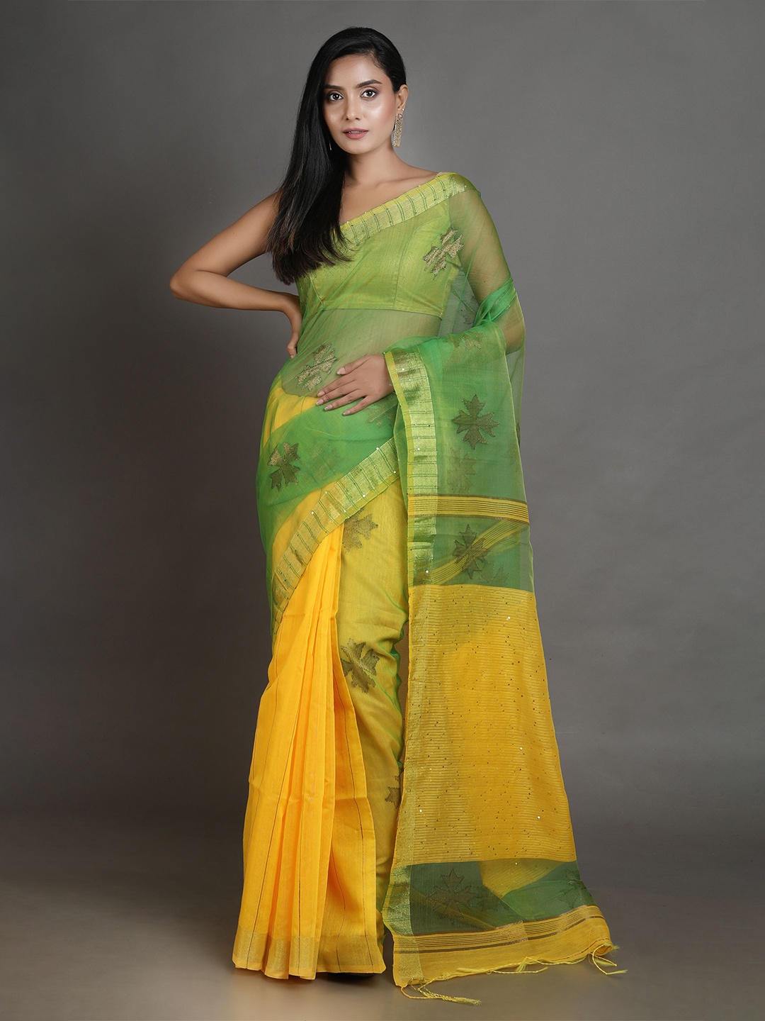 

Arhi Green & Yellow Floral Sequinned Handwoven Pure Silk Saree