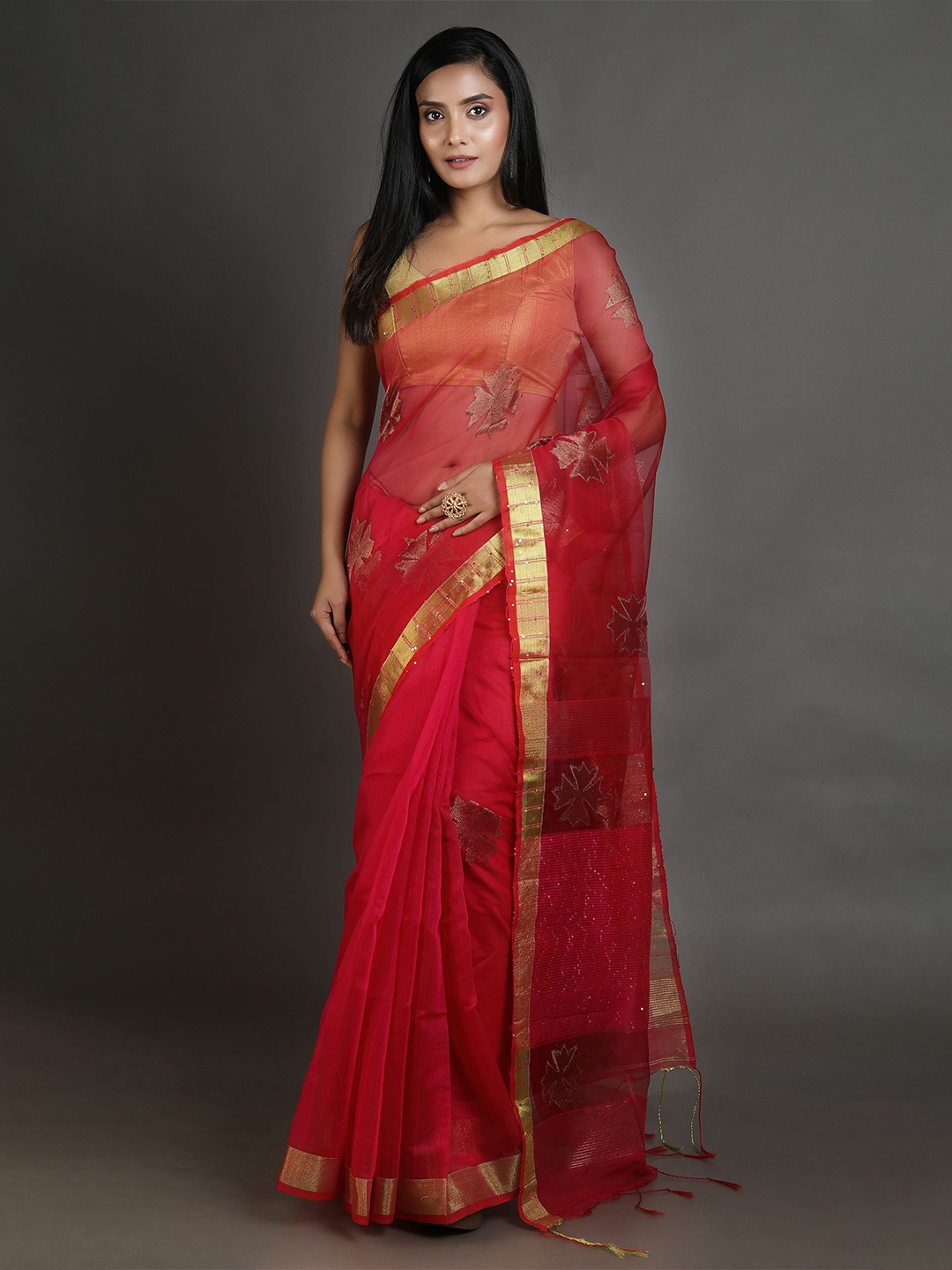 

Arhi Red & Gold-Toned Woven Design Zari Muslin Silk Saree