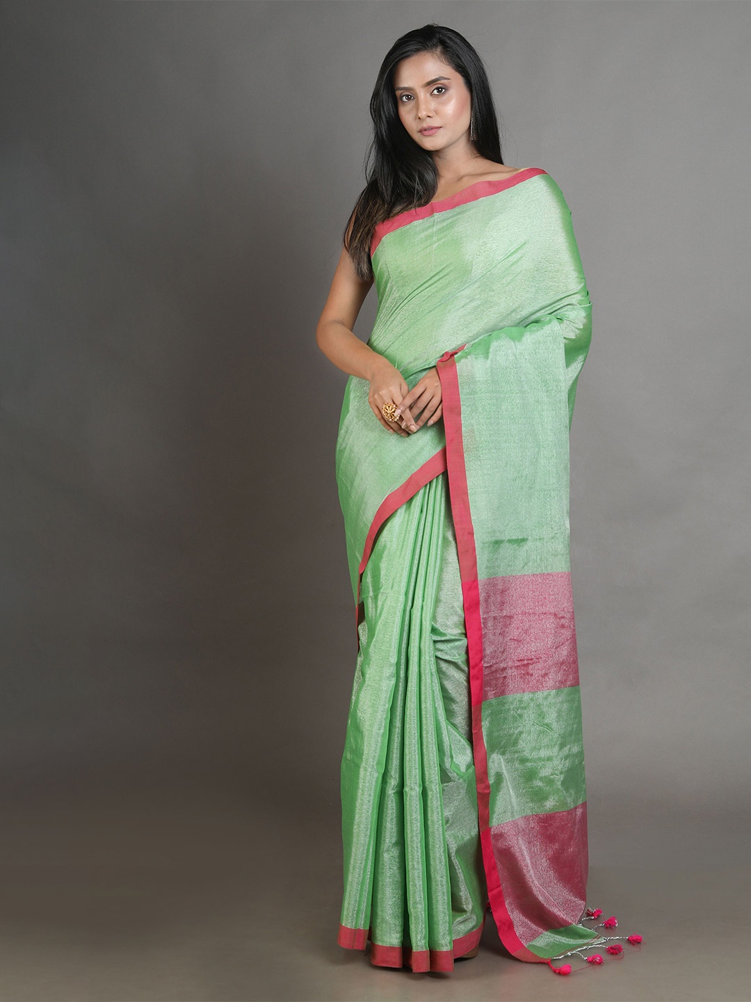 

Arhi Green & Pink Handwoven Tissue Saree