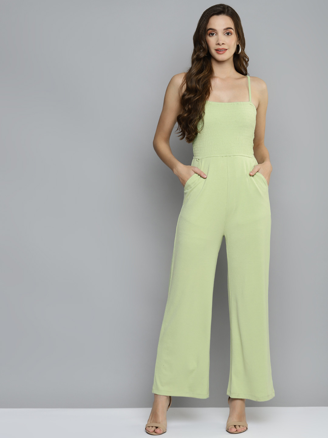

VividArtsy Lime Green Shoulder Straps Smocked Detail Basic Jumpsuit