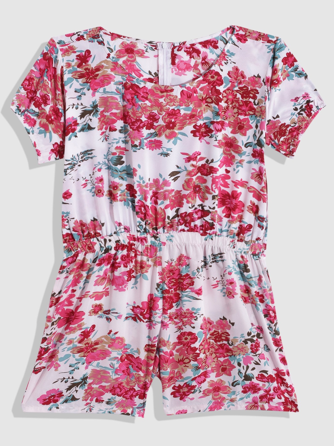 

YK Girls Pink & White Floral Print Basic Jumpsuit