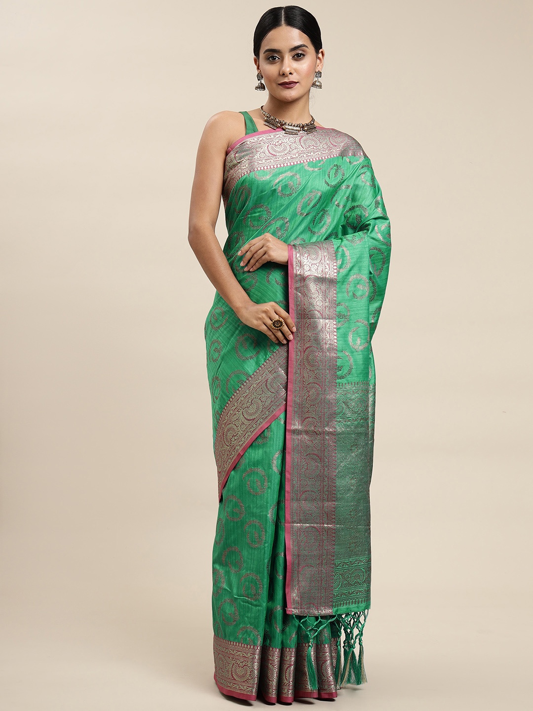 

Saree Swarg Green Ethnic Motifs Silk Blend Banarasi Sarees