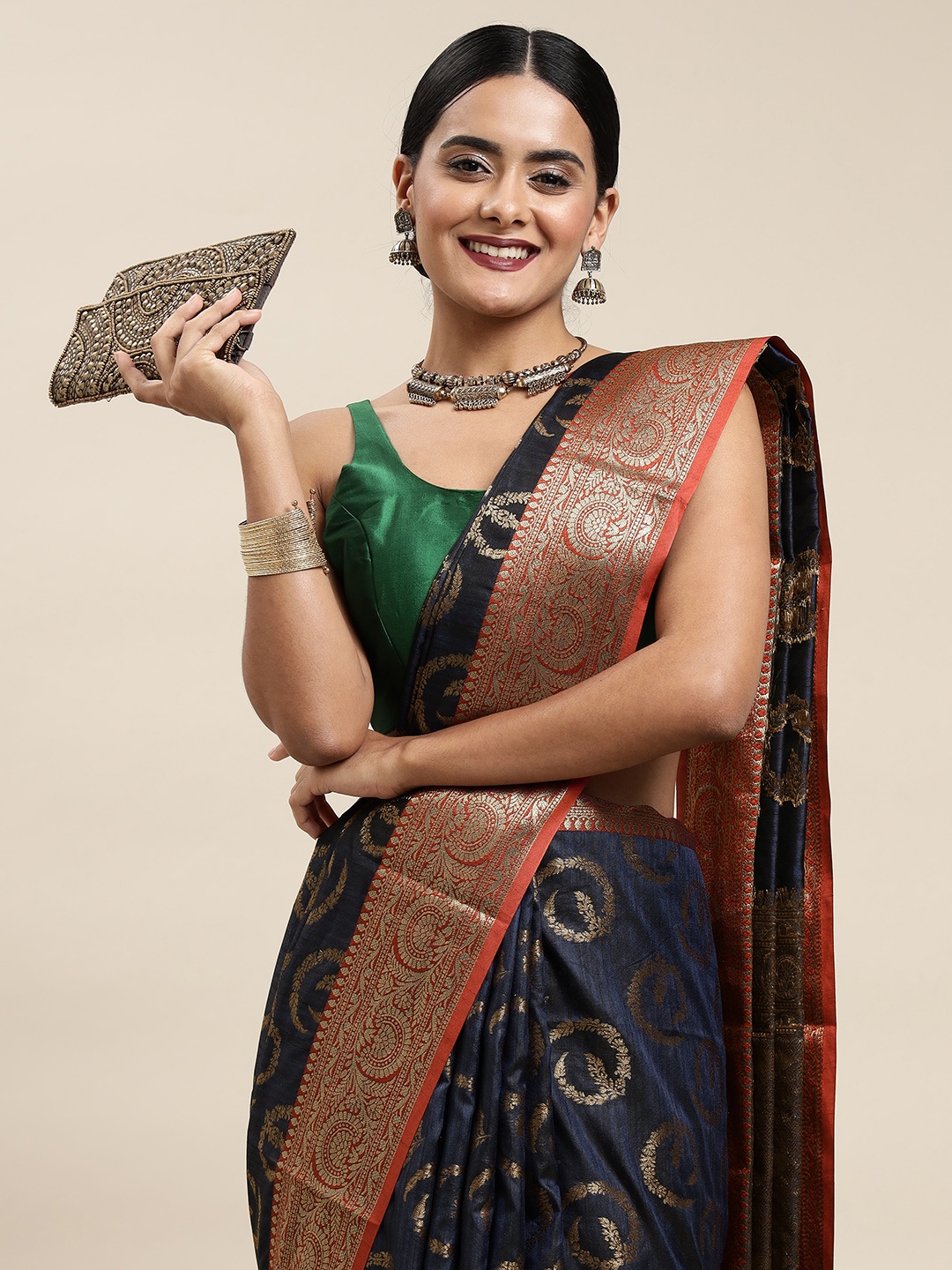 

Saree Swarg Navy Blue Ethnic Motifs Silk Blend Banarasi Sarees