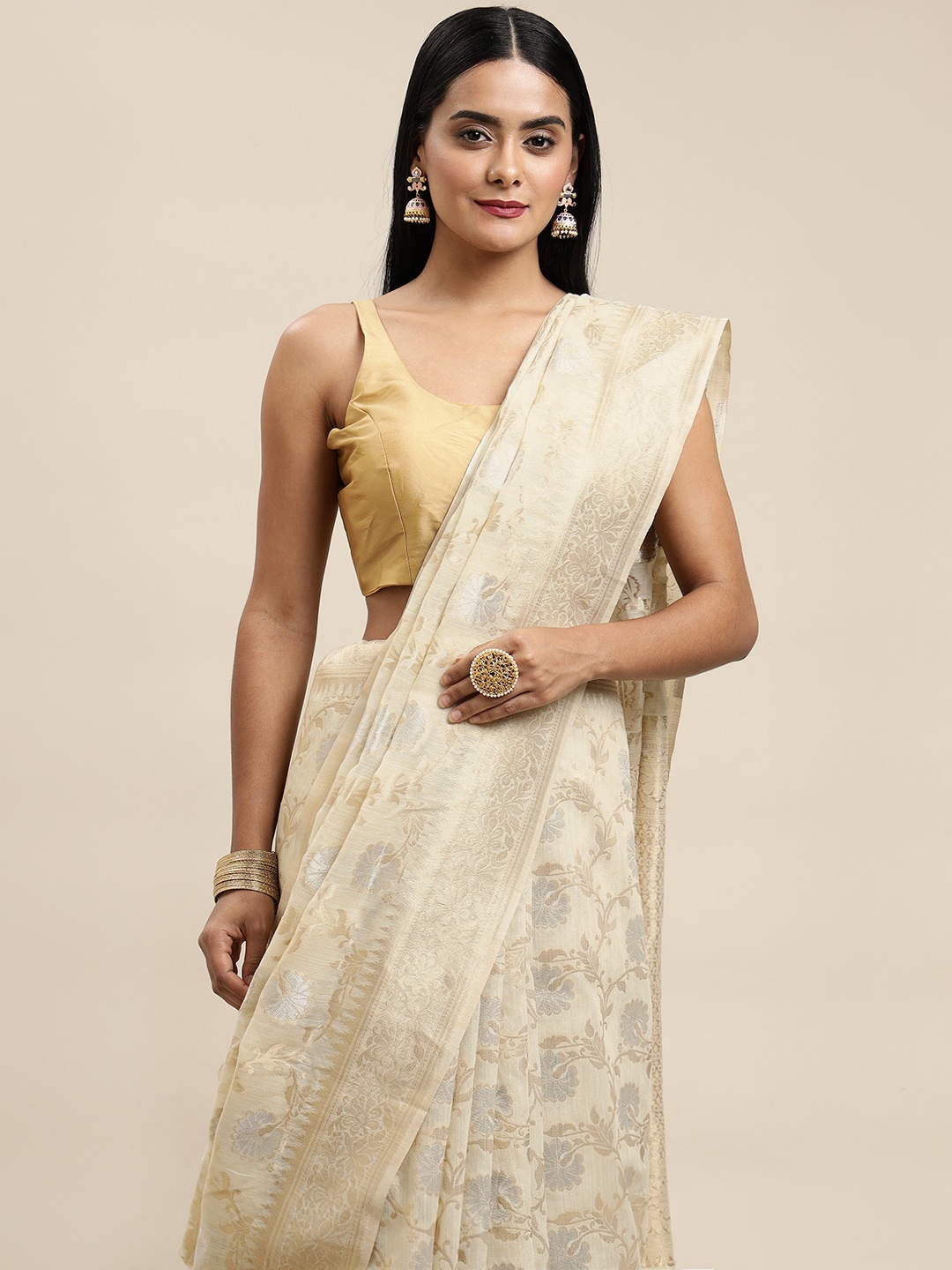 

Saree Swarg Cream-Coloured & Silver Ethnic Motifs Linen Blend Banarasi Sarees
