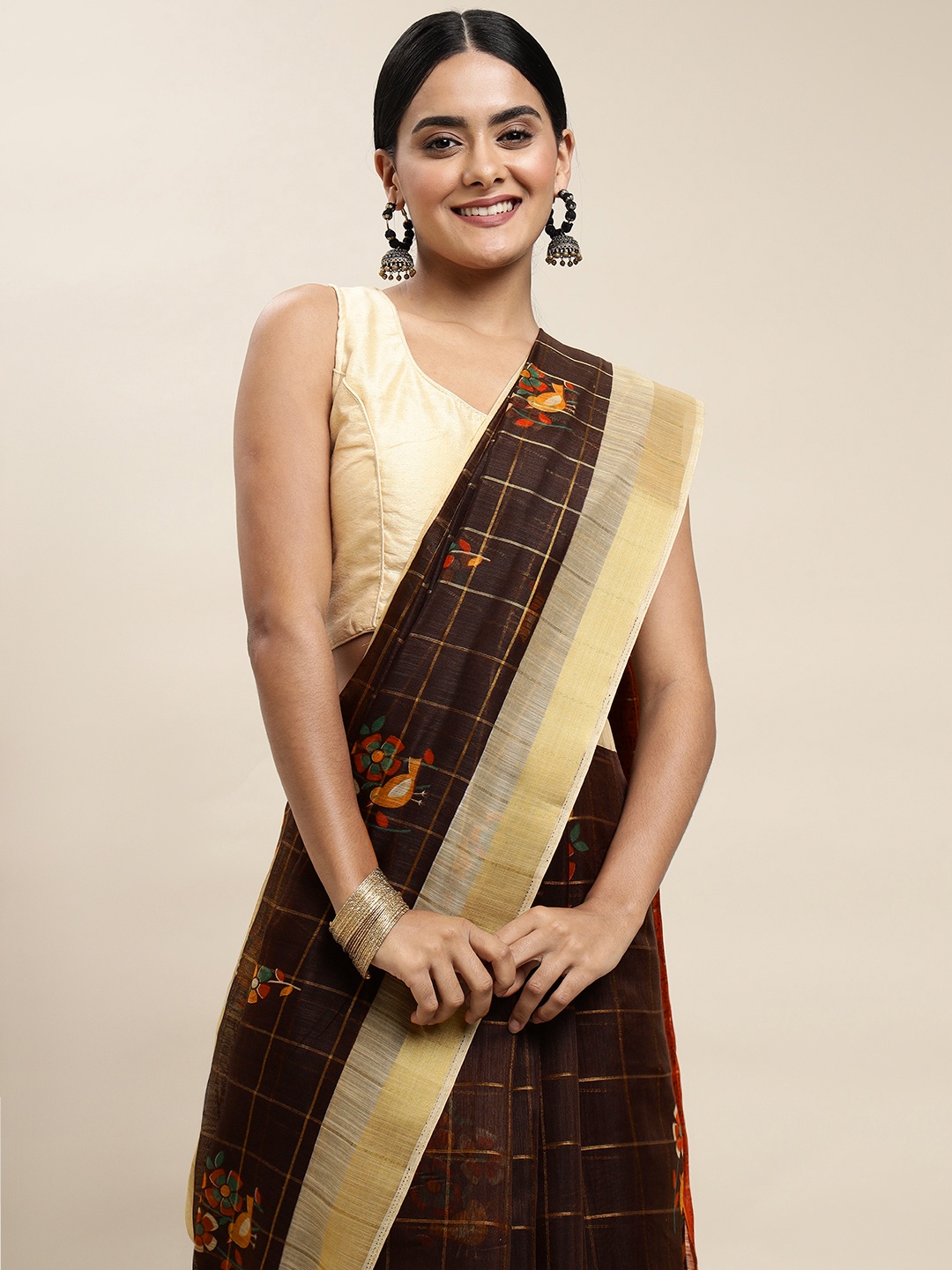 

Saree Swarg Coffee Brown & Yellow Floral Printed Sarees