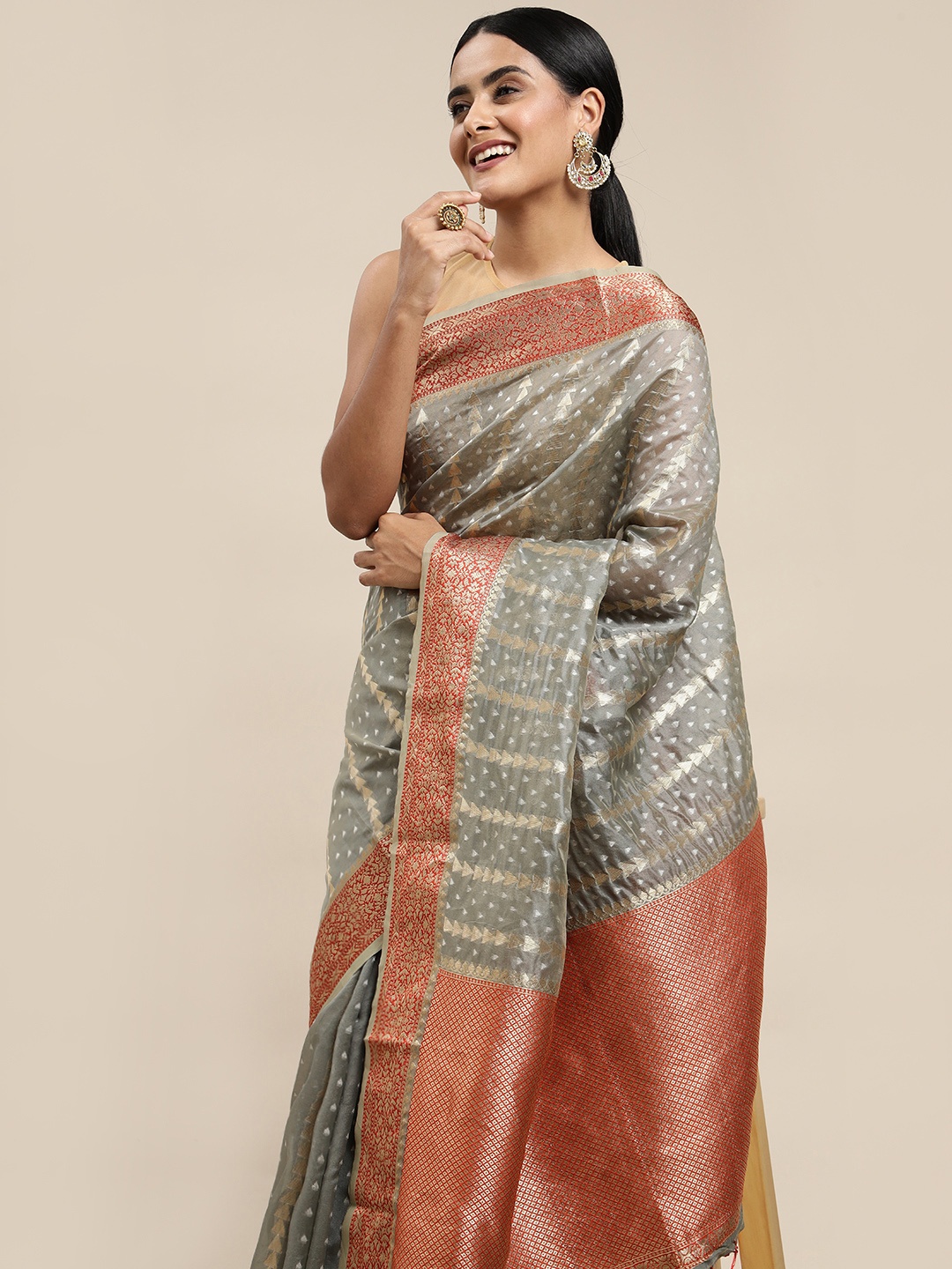 

Saree Swarg Grey & Red Geometric Woven Design Banarasi Sarees