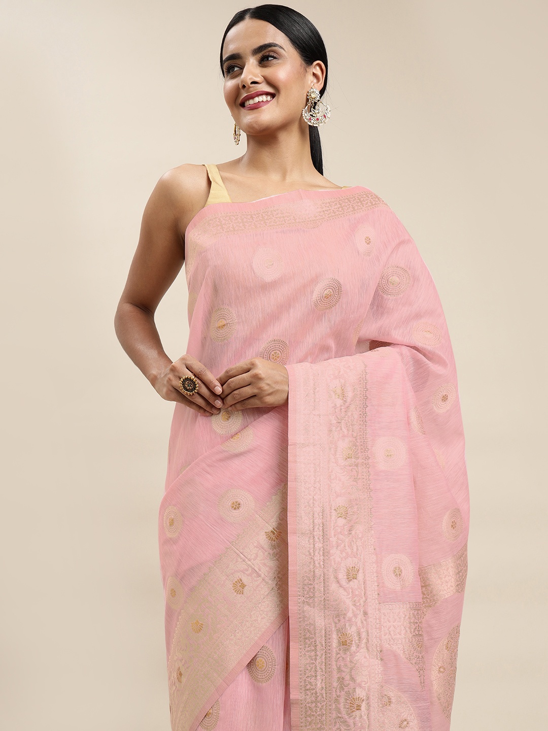 

Saree Swarg Pink & Golden Ethnic Motifs Woven Design Banarasi Sarees